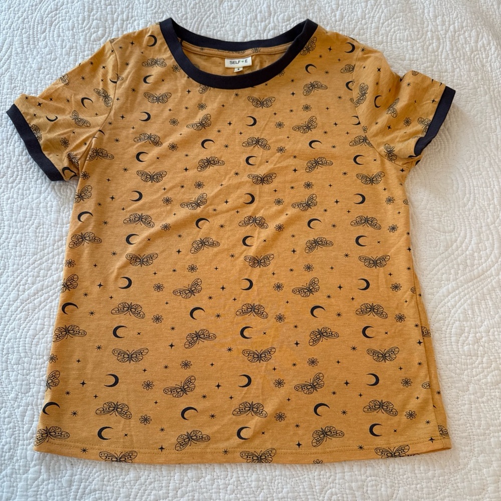Orange & Black Short Sleeve Moon & Moth Ringer Tee